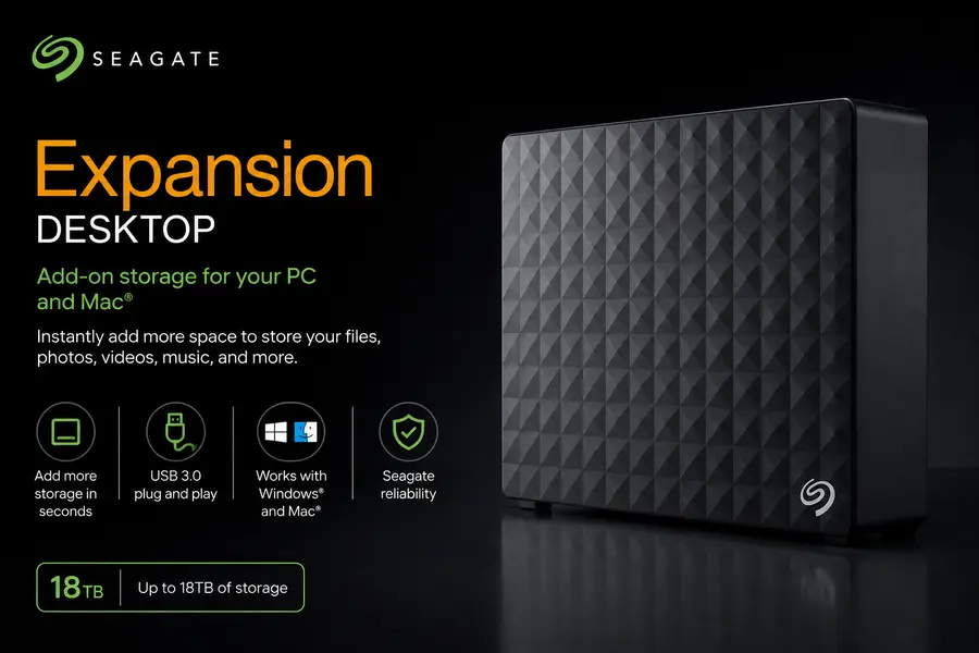 Black Seagate Expansion Desktop external hard drive on dark background