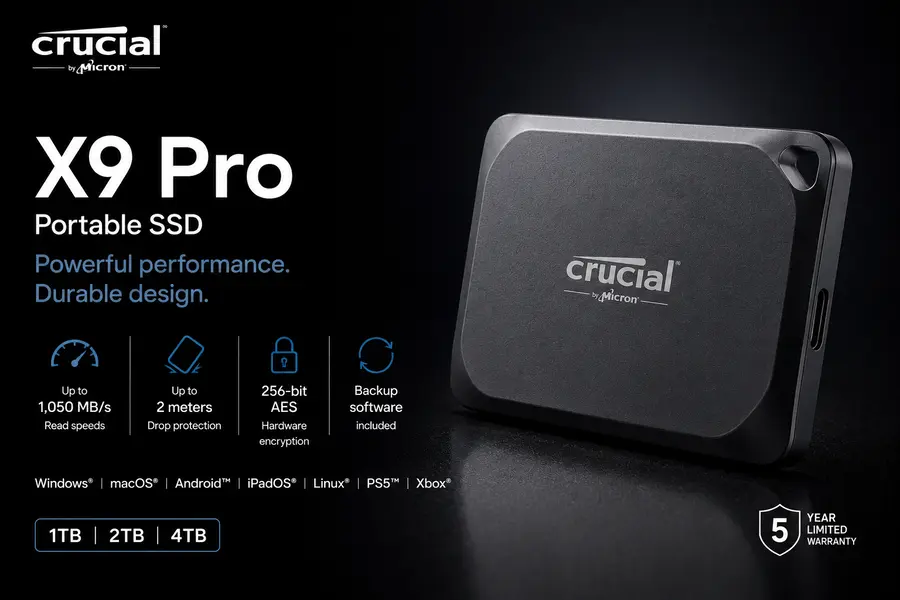 Crucial X9 Pro portable SSD on dark background
