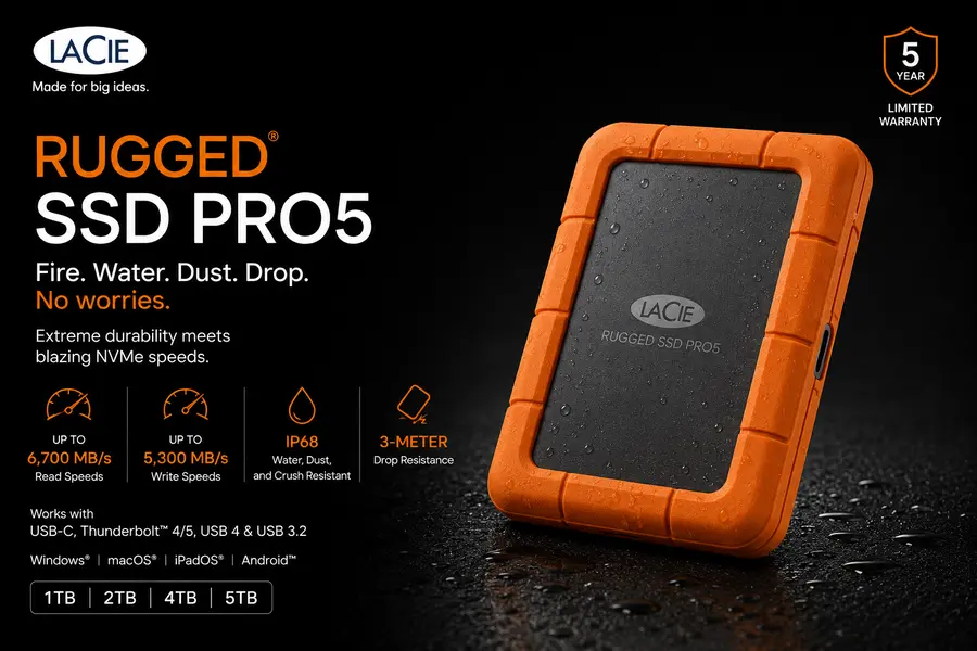 Orange LaCie Rugged SSD Pro 5 portable SSD on dark background