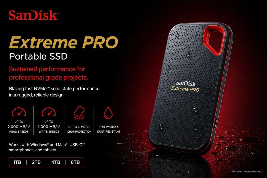 Black and red SanDisk Extreme PRO portable SSD on dark background