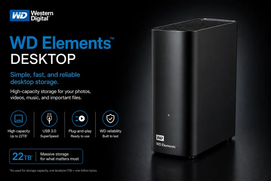 Black WD Elements Desktop external hard drive on dark background