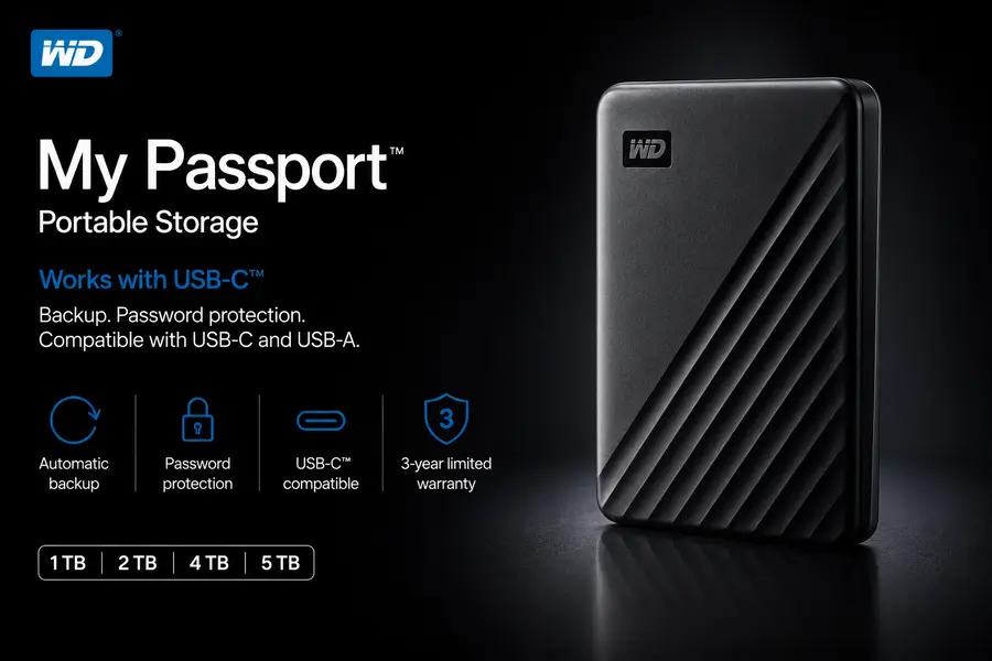 Black WD My Passport portable external hard drive on dark background
