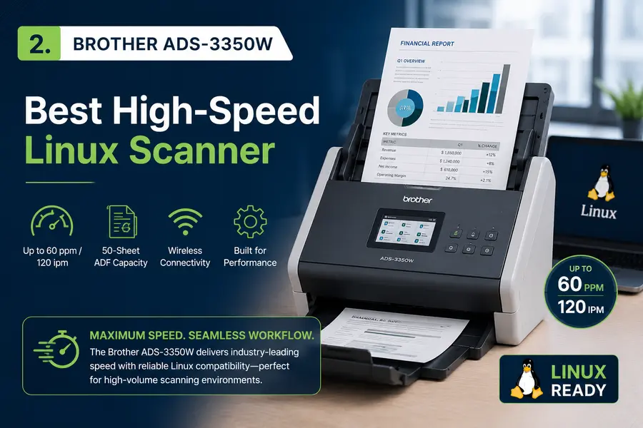 Best Linux-Compatible Scanners in 2026 3 Brother ADS-3350W — Best High-Speed Linux Scanner