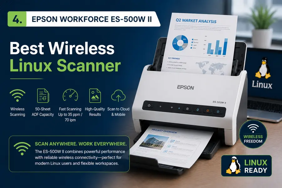 Best Linux-Compatible Scanners in 2026 5 Epson WorkForce ES-500W II — Best Wireless Linux Scanner