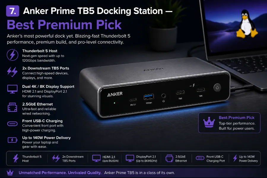Best Docking Stations for Linux (2026 Guide) 9 Anker Prime TB5 Docking Station — Best Premium Pick (Read Carefully)