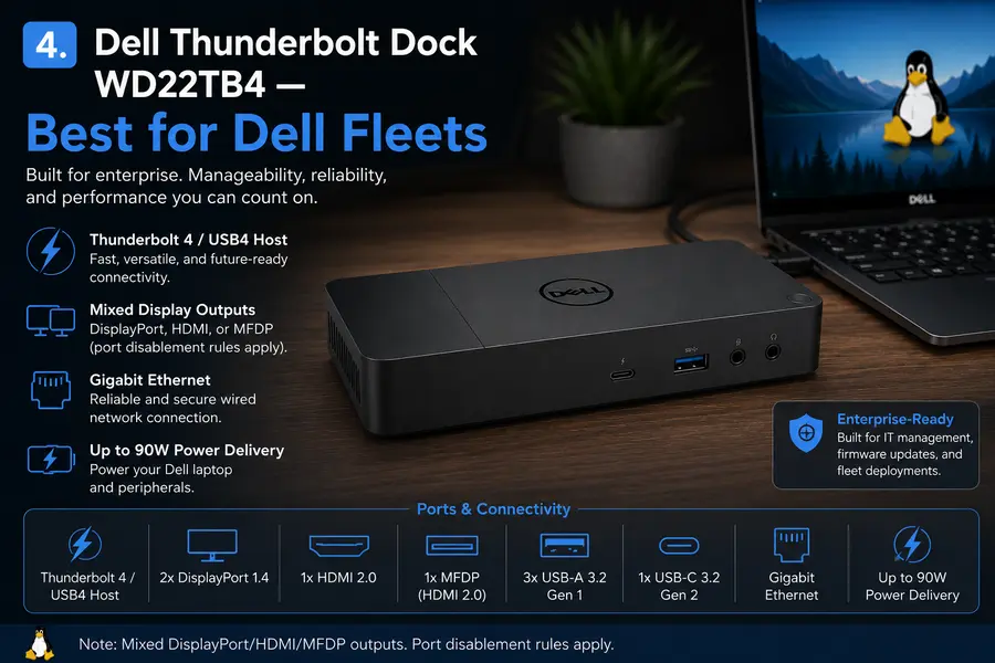 Best Docking Stations for Linux (2026 Guide) 6 Dell Thunderbolt Dock WD22TB4 — Best for Dell Fleets