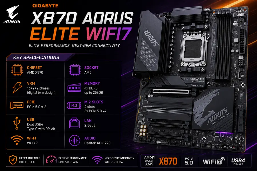 Best Linux-Compatible Motherboards for AMD Ryzen (2026) 4 Gigabyte X870 AORUS Elite WiFi7