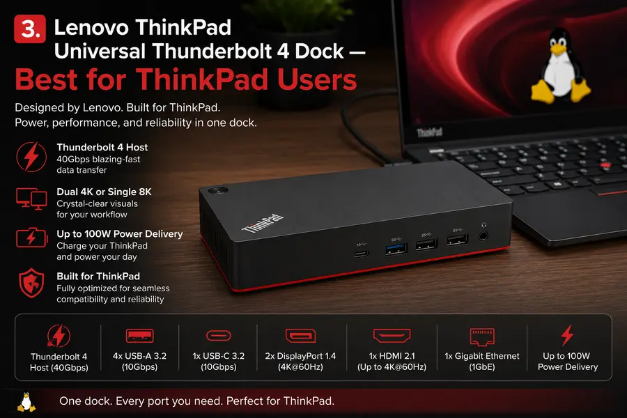 Best Docking Stations for Linux (2026 Guide) 5 Lenovo ThinkPad Universal Thunderbolt 4 Dock — Best for ThinkPad Users