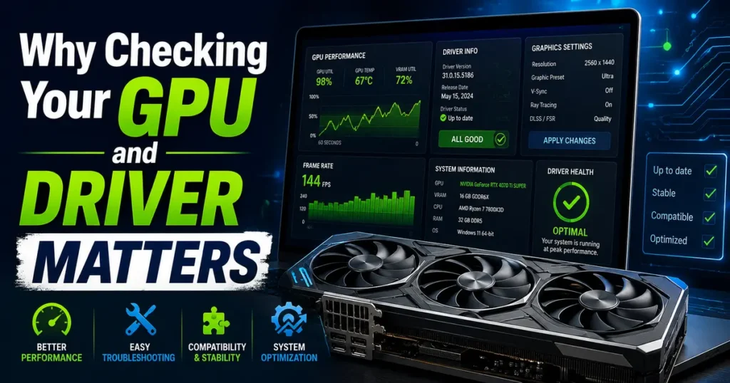 How to Check Your Graphics Card and Driver on Linux (August 2026 Guide) 2 Graphics card and driver performance dashboard showing GPU usage, temperature, frame rate, compatibility, and driver health.