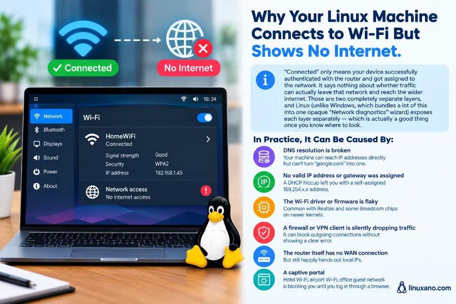 Linux Connected to Wi-Fi but No Internet? Try These Fixes 2 Why Your Linux Machine Connects to Wi-Fi But Shows No Internet