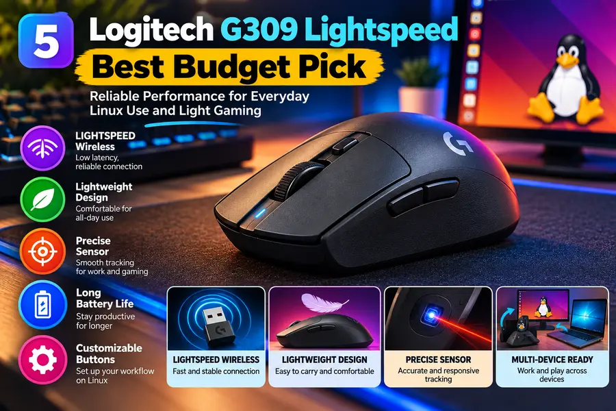 Wireless Mice That Don't Suck on Linux: 2026 Buying Guide 6 Logitech G309 Lightspeed wireless mouse in a Linux gaming setup, highlighting low-latency wireless performance, lightweight design, precise tracking, long battery life, and customizable buttons.