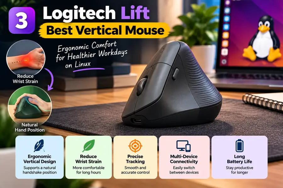 Wireless Mice That Don't Suck on Linux: 2026 Buying Guide 4 Logitech Lift vertical wireless mouse shown in an ergonomic Linux workspace, highlighting a natural hand position, reduced wrist strain, precise tracking, multi-device connectivity, and long battery life.