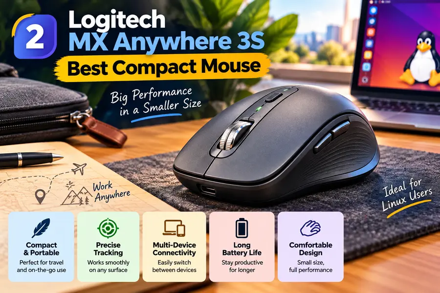 Wireless Mice That Don't Suck on Linux: 2026 Buying Guide 3 Logitech MX Anywhere 3S compact wireless mouse shown in a travel-friendly Linux workspace, highlighting portability, precise tracking, multi-device connectivity, long battery life, and comfortable design.
