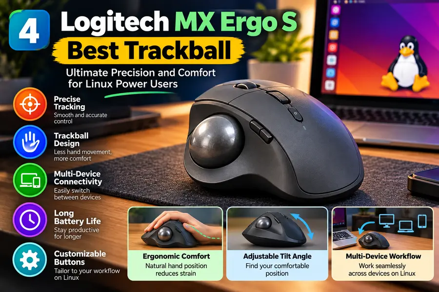 Wireless Mice That Don't Suck on Linux: 2026 Buying Guide 5 Logitech MX Ergo S wireless trackball mouse in a Linux desktop setup, highlighting precise tracking, ergonomic comfort, adjustable tilt, multi-device connectivity, long battery life, and customizable buttons.