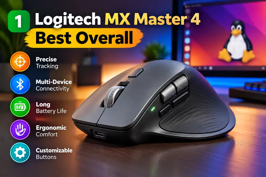 Wireless Mice That Don't Suck on Linux: 2026 Buying Guide 2 Logitech MX Master 4 wireless mouse featured as the best overall Linux mouse, highlighting precise tracking, multi-device connectivity, long battery life, ergonomic comfort, and customizable buttons.