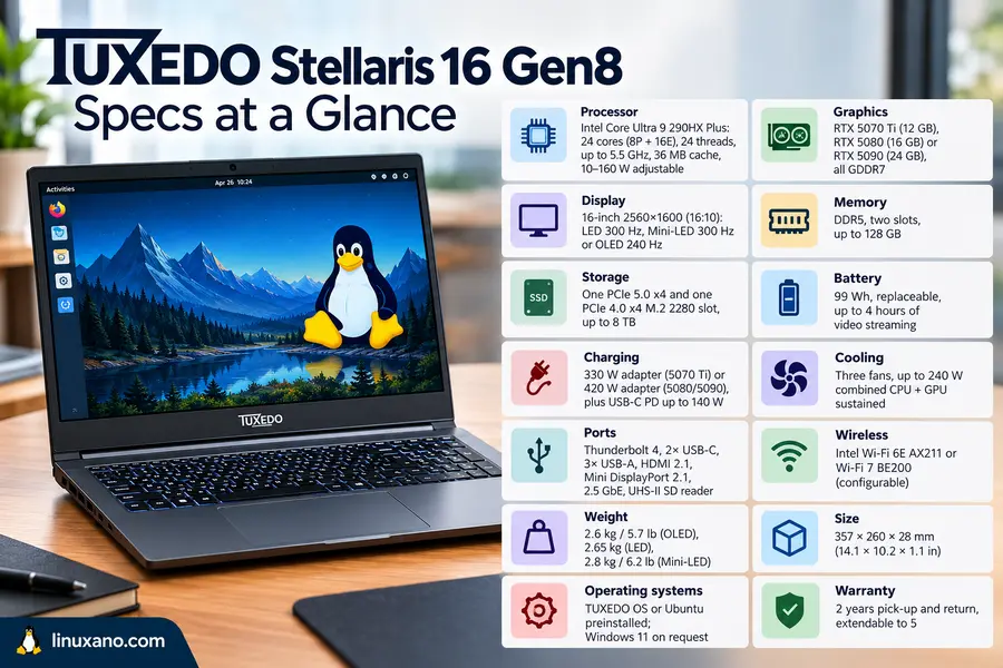 TUXEDO Stellaris 16 Gen8 Review: The Ultimate Linux Workstation Laptop? 2 TUXEDO Stellaris 16 Gen8 Specs at a Glance